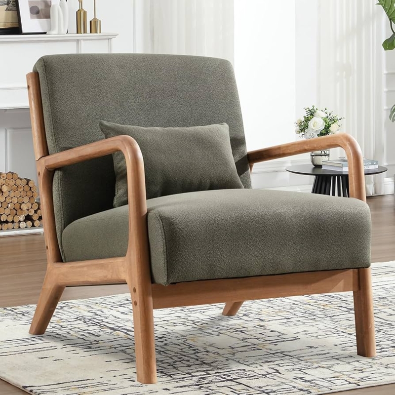 Accent Chair Wood Frame with Curved Arms and Beige Linen-like Fabric