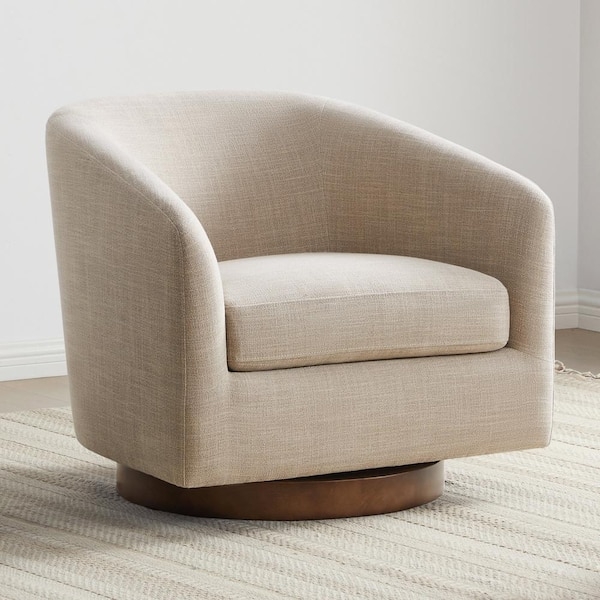 Accent Chair Wood Toned Platform Swivel Base Contemporary Barrel Chair