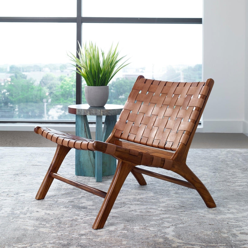 Accent Chair Woven Leather Straps in Teak Tone Wood Frame