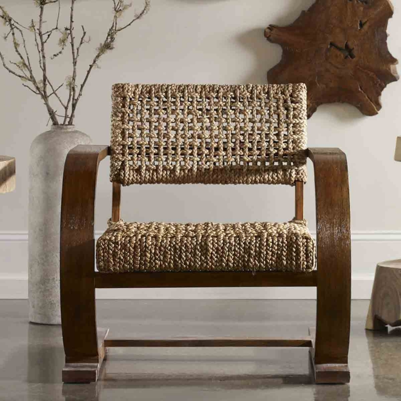 Accent Chair Woven Rope Frame Barrel Silhouette Coastal Bohemian