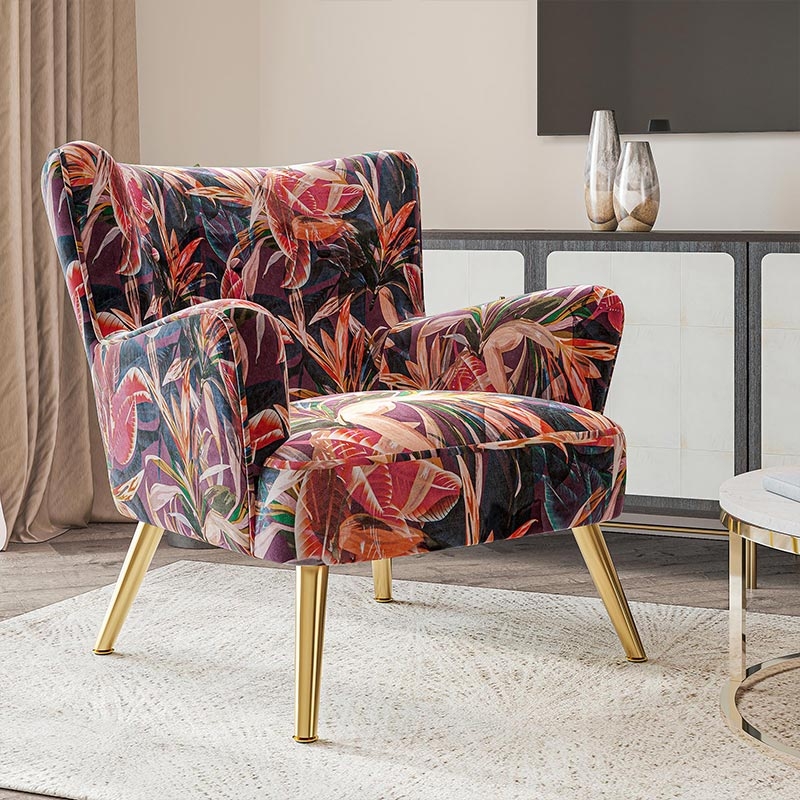 Accent Chair Yellow Floral Barrel with Light Wood Tapered Legs