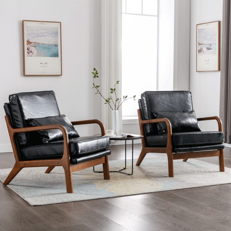 Accent Chairs Black Faux Leather Angular Wood Frame Mid Century Set