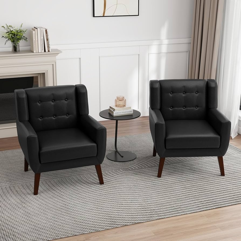 Accent Chairs Black Leather-Like Button Tufted Barrel Set