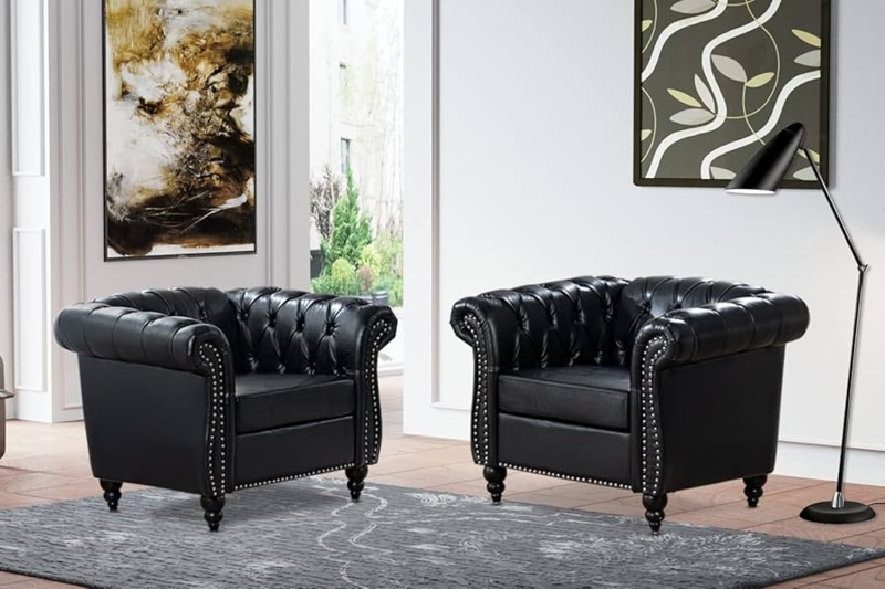 Accent Chairs Black Leather-Like Chesterfield Wingback Silhouette