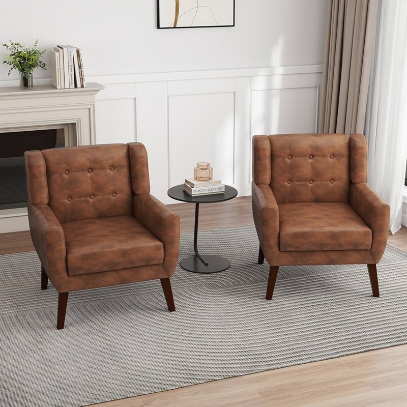Accent Chairs Coffee Brown Leather-Like Button Tufted Barrel Set