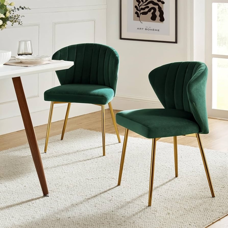 Accent Chairs Emerald Green Velvet Channel Tufted Side Pair