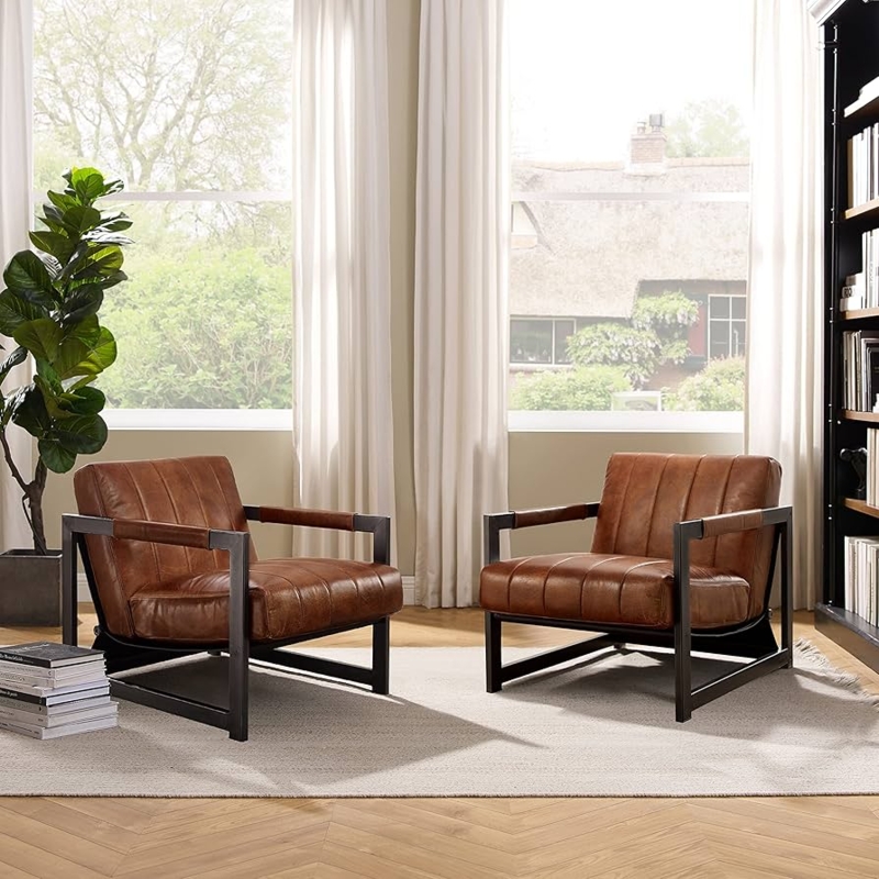 Accent Chairs Pair Cognac Splayed Legs Mid Century Modern Seating