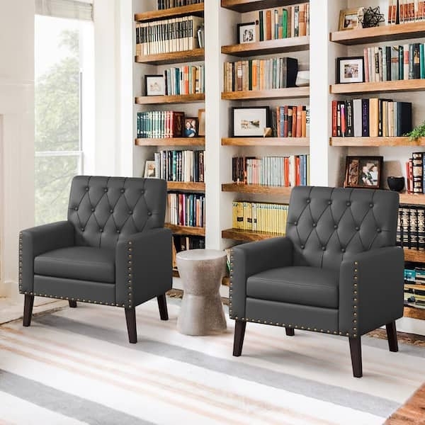 Accent Chairs Pair in Dark Gray Leather-like with Button Tufting