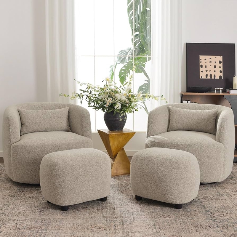 Accent Chairs Set Boucle Swivel Barrel with Matching Footrests