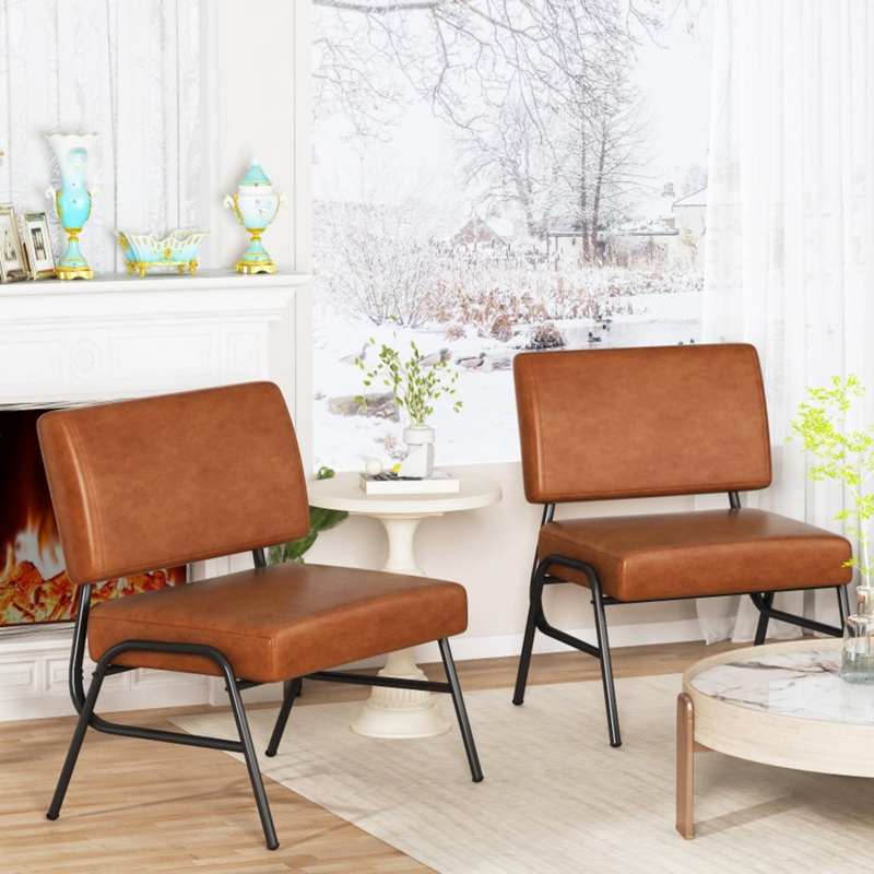 Accent Chairs Set: Cognac Brown Faux Leather Vertical Channel Stitching