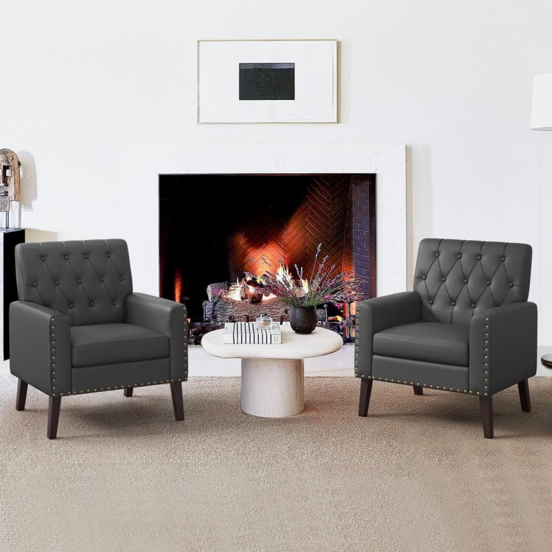 Accent Chairs Set of 2, Dark Gray Leather-like with Nailhead Trim