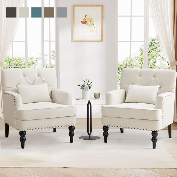 Accent Chairs with Rolled Arms, Button Tufting, and Turned Front Legs.