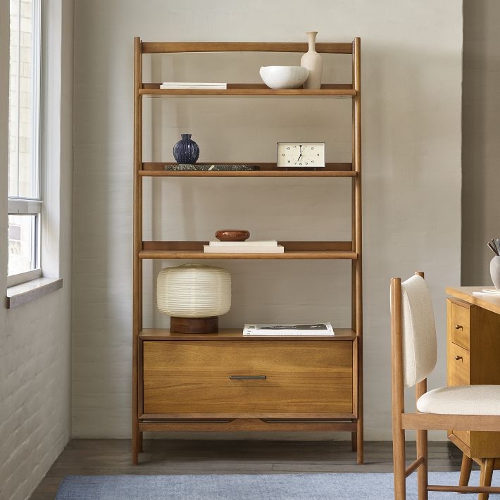 Acorn Finish Narrow Bookcase with Bottom Drawer Storage