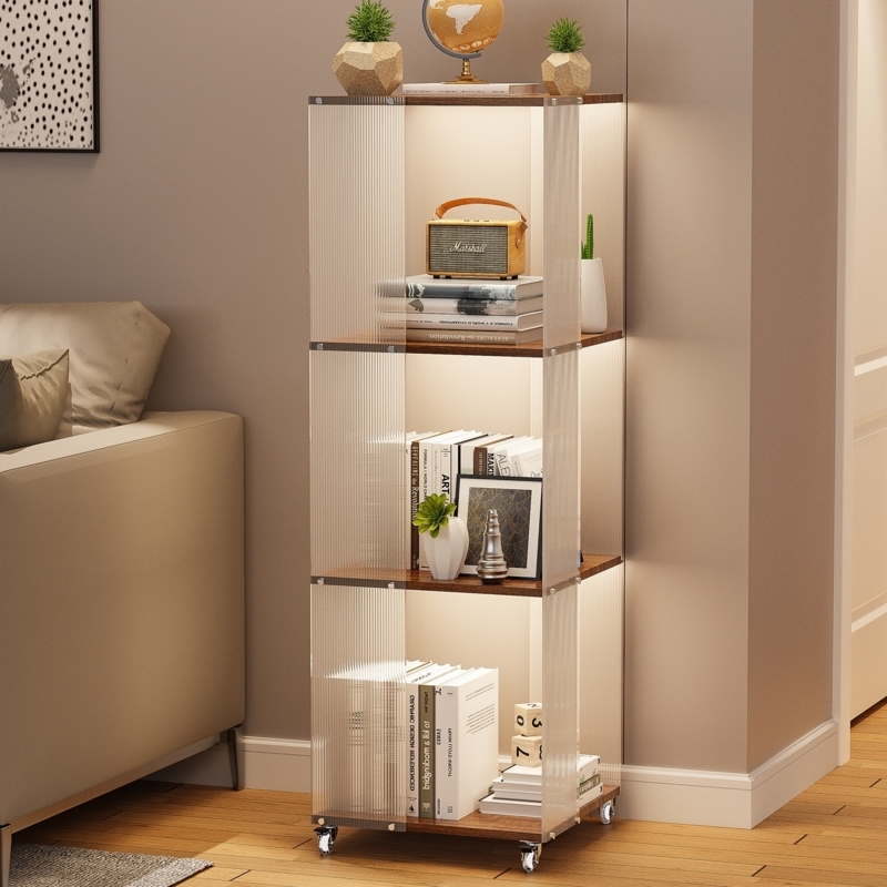 Acrylic Etagere Bookcase on Caster Wheels, Four-Tier Mobile Shelving Unit