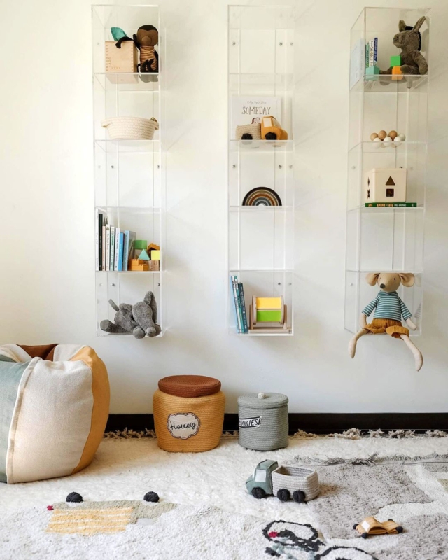 Acrylic Floating Shelf, Two-Bin Wall-Mounted Book Display for Nursery