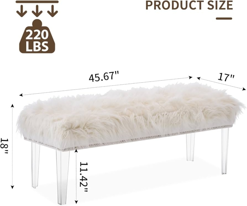 Acrylic Leg Faux Fur Bench Rhinestone Trim Glam