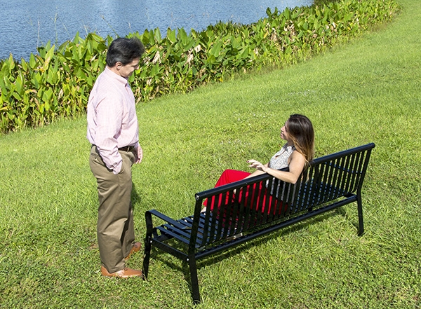 All Metal Outdoor Bench Black Slatted Construction for Commercial Use