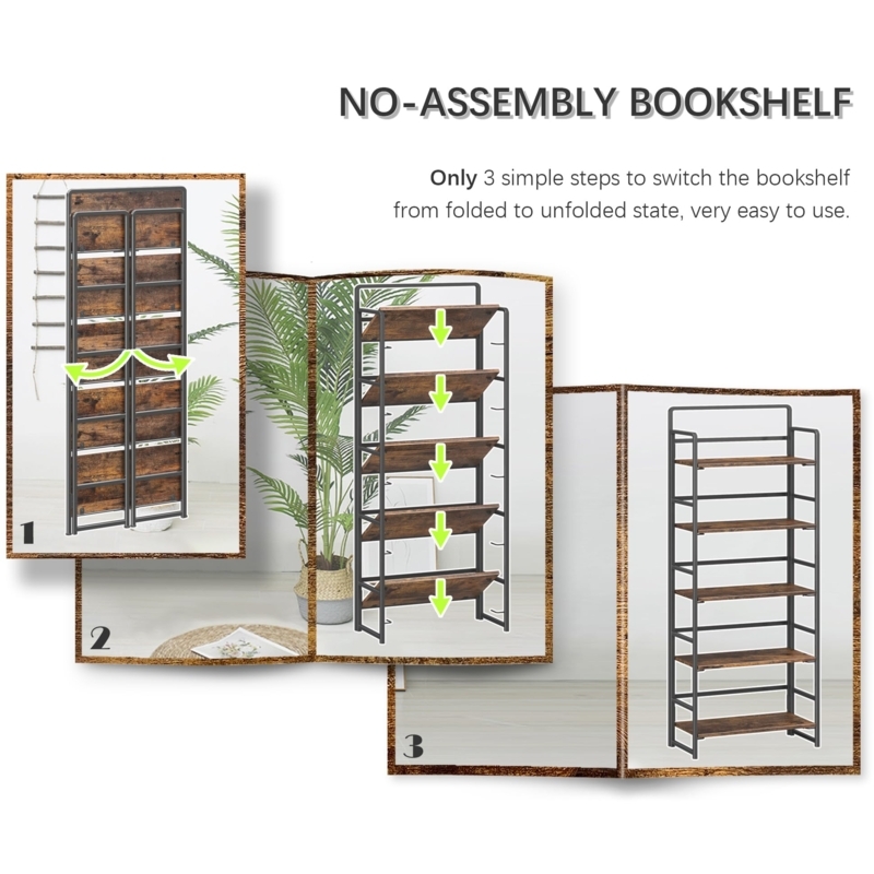 Amazon.com: 4NM No Assembly 5 Tiers Folding Bookshelf Storage Shelves  Vintage Bookcase Standing Racks Study Organizer Home Office (Rustic Brown  Black) : Home & Kitchen