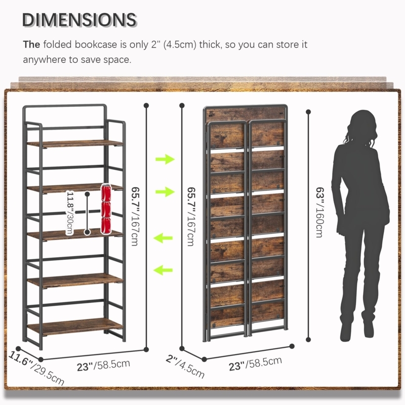 Amazon.com: 4NM No Assembly 5 Tiers Folding Bookshelf Storage Shelves  Vintage Bookcase Standing Racks Study Organizer Home Office (Rustic Brown  Black) : Home & Kitchen
