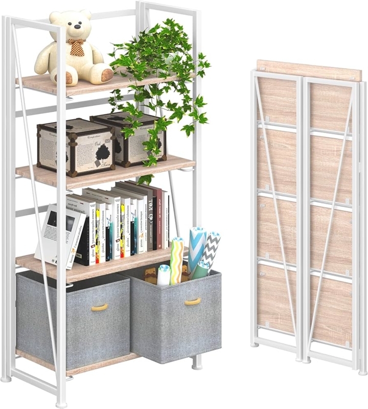 Amazon.com: 4NM No Assembly Folding Bookshelf Storage Shelves 4 Tiers  Vintage Bookcase Standing Racks Study Organizer Home Office (Natural White)  : Home & Kitchen