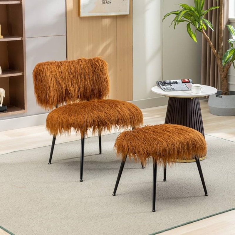 Amazon.com: Accent Chair with Ottoman,Upholstered Faux Fur Plush Armless  Chair with Footrest/Stool and Metal Legs for Living Room Bedroom-Caramel (Caramel  Accent Chair) : Home & Kitchen