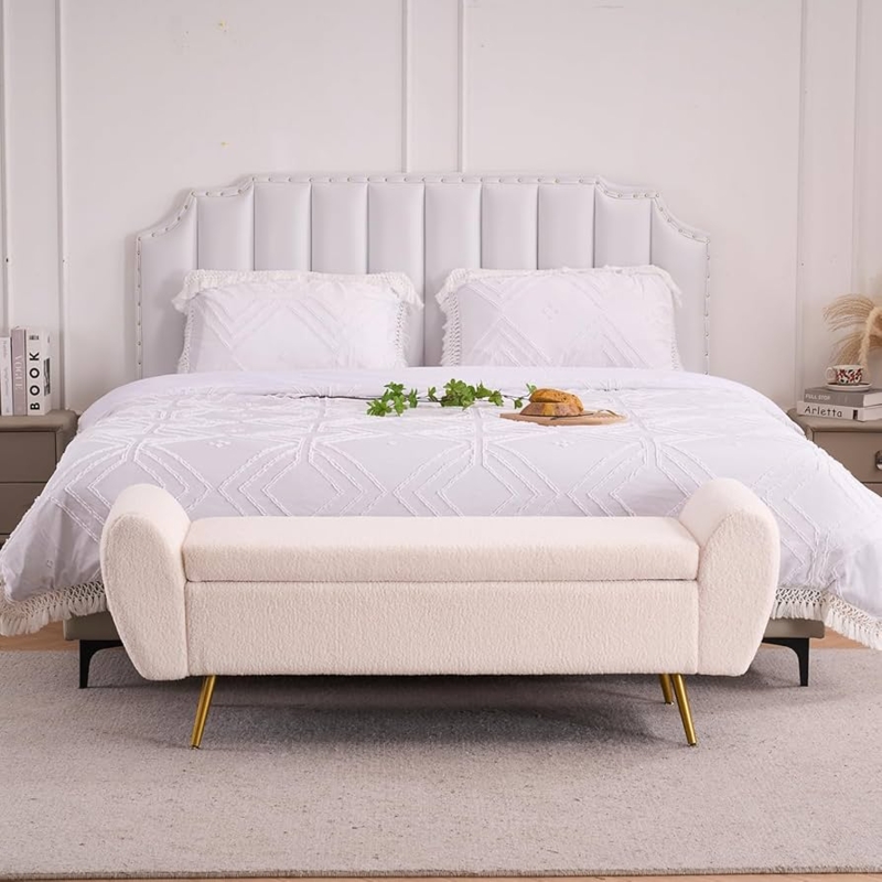 Amazon.com: AIITTCC Teddy Storage Bench for Bedroom, 57" Extra Long Boucle  Bench for King Size Bed, Modern Upholstered End of Bed Ottoman Bench with  Arms and Gold Legs for Entryway Living Room (