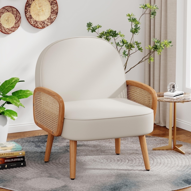 Amazon.com: Aklaus Mid Century Modern Accent Chair Armchair with Rattan  Arms Upholstered Rattan Boho Accent Chair for Living Room Bedroom Balcony  Faux Leather Reading Chairs Side Club Chair Beige : Home &