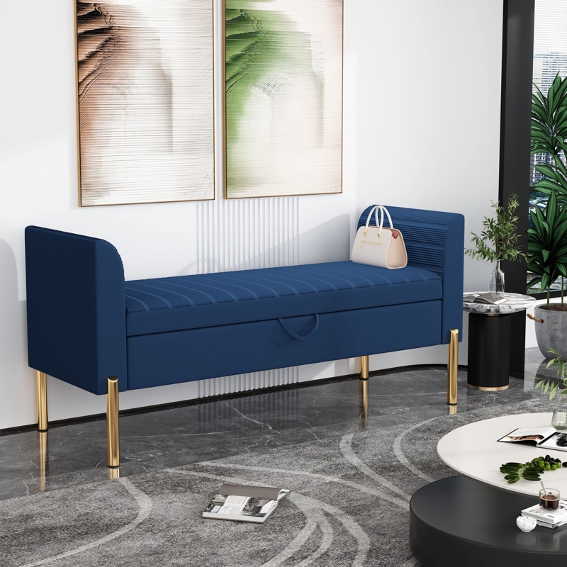 Amazon.com: ALISH Storage Bench,Upholstered Storage Ottoman Bench,Modern  Bed Bench Entryway Bench with Gold Legs for Bedroom Living Room Blue : Home  & Kitchen