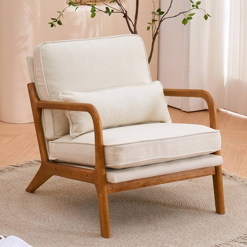 Amazon.com: Anewome Mid Century Modern Accent Chair with Wood Frame  Upholstered Lounge Linen Fabric Armchair Comfy Reading Leisure Chair with  Cushion for Living Room Bedroom Balcony, Beige : Home & Kitchen
