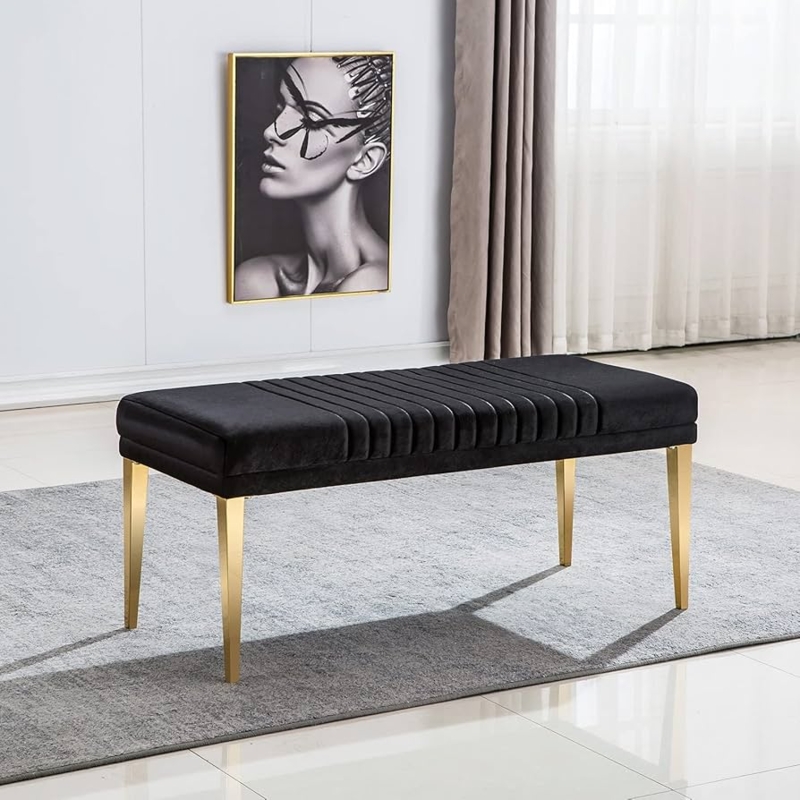 Amazon.com: AUZ 44" Bench, Black Velvet Upholstered Dining Room Bench,  Vertical Channel Ottoman with Gold Stainless Steel Legs, Black and Gold  Dining Bench : Musical Instruments