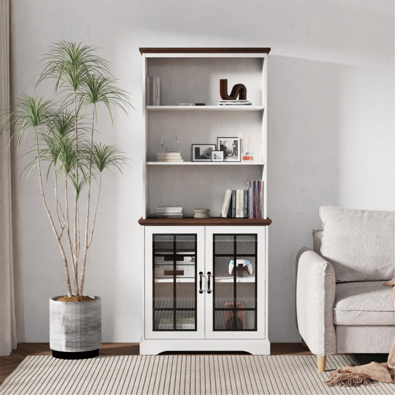 Amazon.com: Bevfint 72" Tall Bookcase, White and Brown Design Large Floor  Standing Bookshelf, 5 Tier Shelves with Door Storage Cabinet for Living  Room Hallway Kitchen Home Office Bedroom, with Glass Door -