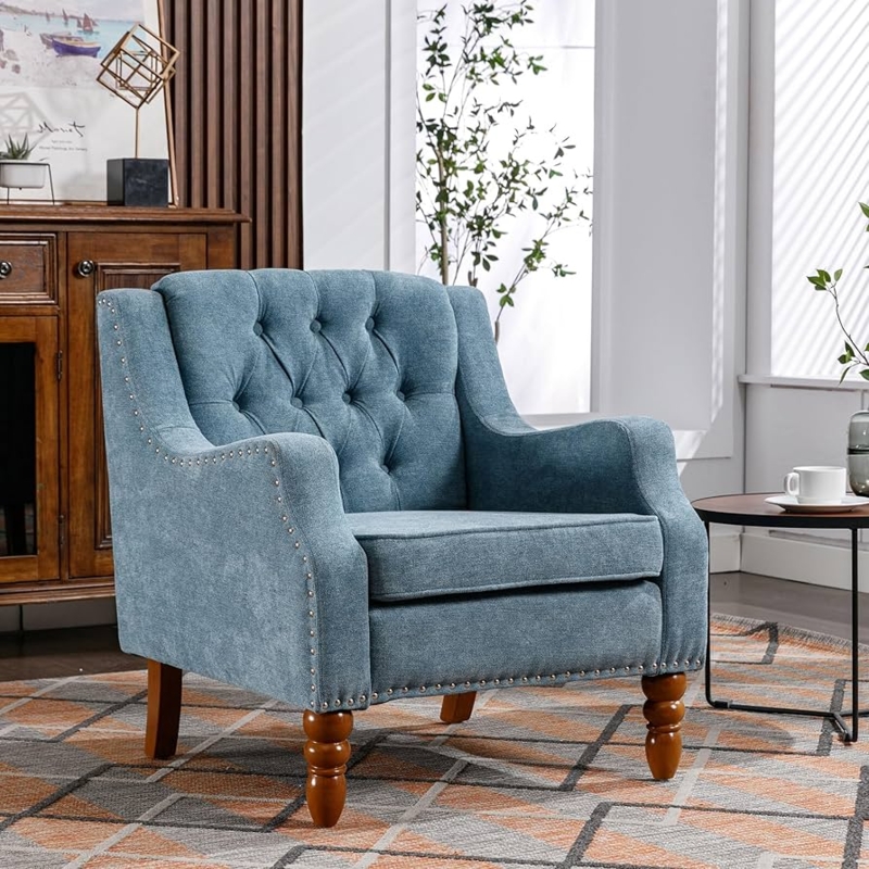 Amazon.com: Blue Accent Chair, Living Room Chair, Footrest Chair Set with  Vintage Brass Studs, Button Tufted Upholstered Armchair for Living Room,  Comfy Reading Chair for Bedroom, Reception Room : Home & Kitchen