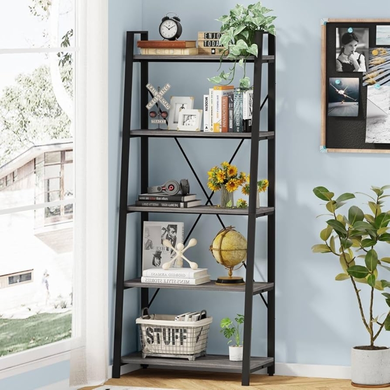 Amazon.com: BON AUGURE 5-Tier Ladder Shelf, Industrial Leaning Bookcase,  Wood and Metal Ladder Bookshelf for Living Room, Bedroom, Kitchen, Home  Office (Grey Oak) : Home & Kitchen