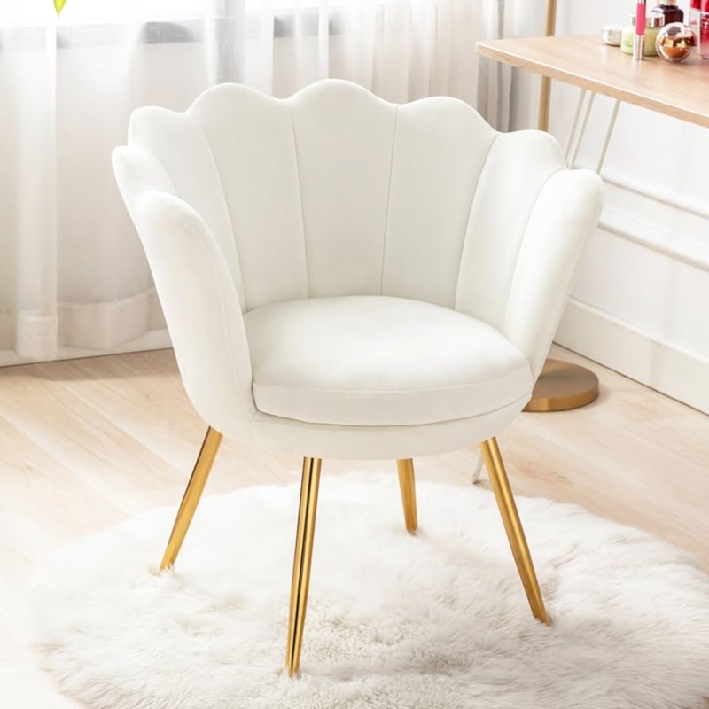 Amazon.com: chairus Cream White Makeup Vanity Chair with Back, Small Modern  Velvet Upholstered Accent Chair with Gold Metal Legs, Cute Shell Shaped  Vanity Stool Desk Chair for Living Room Bedroom Dressing Room :