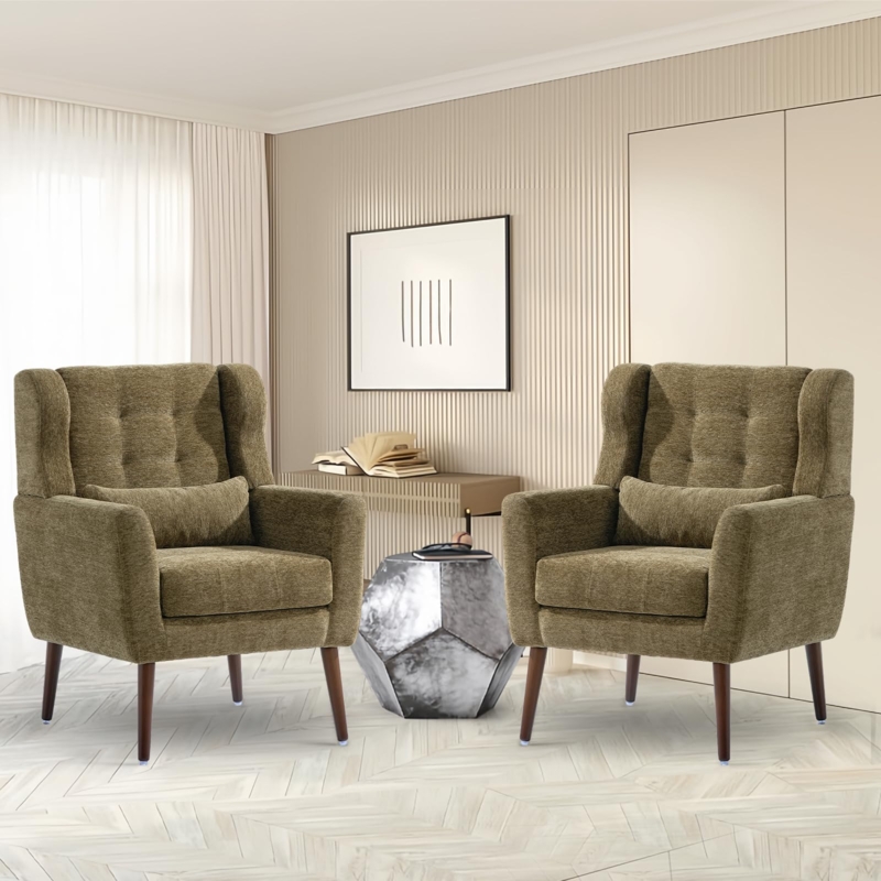 Amazon.com: cinkehome Accent Chairs Set of 2 for Living Room, Chenille  Upholstered Mordern Armchair, Comfy Soft Lounge Reading Arm Chair in Small  Space, Bedroom, Pillow, Solid Wood Leg, Olive Green : Home