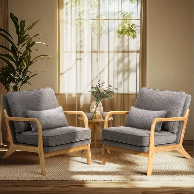 Amazon.com: COLAMY Mid Century Modern Accent Chair Set of 2 with Lumbar  Pillow, Relaxing Armchair with Solid Wood Frame & Soft Cushion, Reading  Leisure Chair for Living Room,Grey : Home & Kitchen