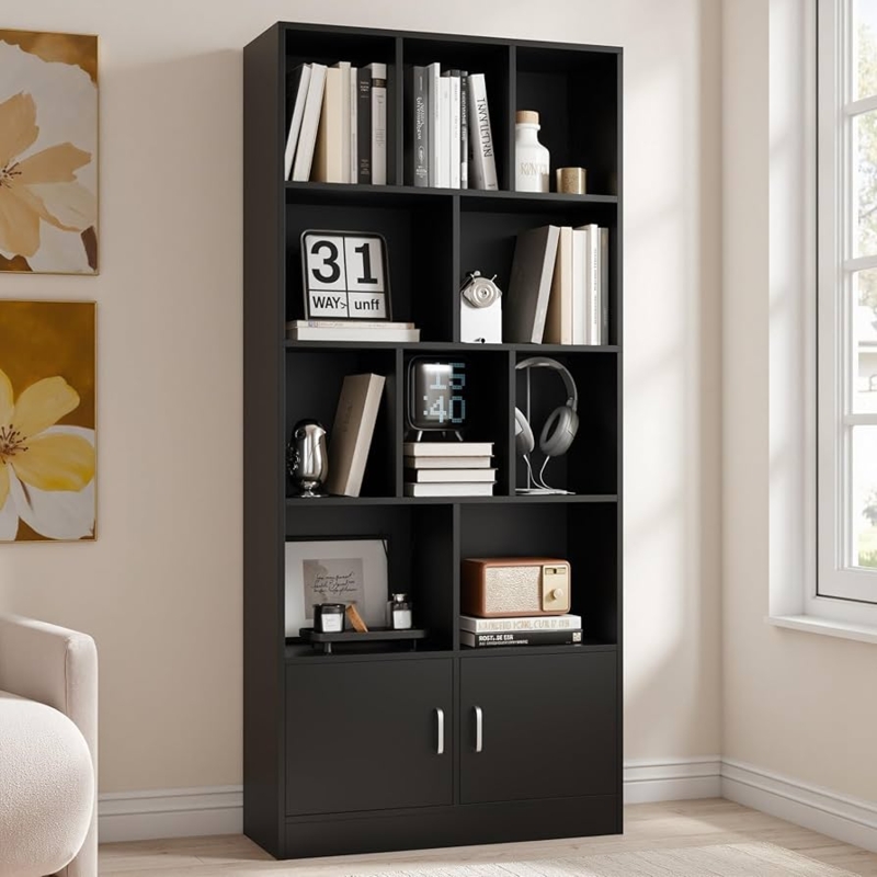 Amazon.com: Cozy Castle 70" Tall Black Bookshelf with 12 Cubes and 2 Doors,  4-Tier Open Shelf Bookcase with Cabinet, Modern Cube Storage Organizer for  Living Room, and Office : Home & Kitchen