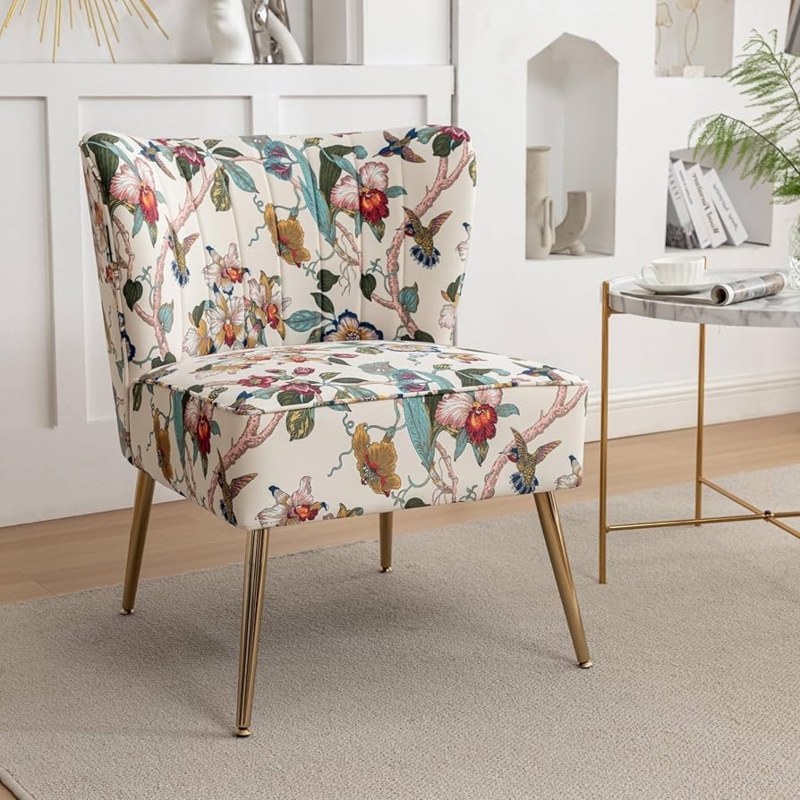Amazon.com: DRKAT Armless Accent Chair with Gold Metal Legs, Modern Comfy  Tufted Living Room Chair, Velvet Upholstered Floral Side Chair, Mid Century  Slipper Chair for Bedroom, Flower Print, Beige : Home &