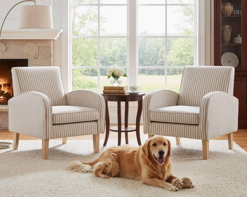 Amazon.com: Farmhouse Striped Accent Chairs for Living Room Set of 2, Linen  Fabric Modern Comfy Armchairs with Cushion, Upholstered Striped Reading  Chairs for Bedroom Couch Chair with Wood Legs, Khaki : Home