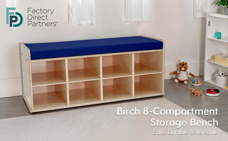 Amazon.com: FDP Natural Birch 8-Compartment Storage Bench with Comfortable  Blue Vinyl Seat (16" H) Organize Shoes, Hats, Toys - Durable Furniture for  Home, Daycare, Preschool, Montessori Classroom, 14047-NTBL : Home & 