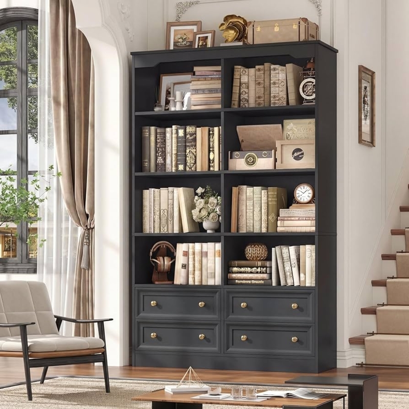Amazon.com: FINETONES 71" Black Bookshelf with 4 Drawers, 6-Tier Double  Wide Bookshelves and Bookcases with Storage, Tall Bookshelf Large Open  Bookshelves Standing Book Cabinet for Home Office, Black : Home & Kitchen