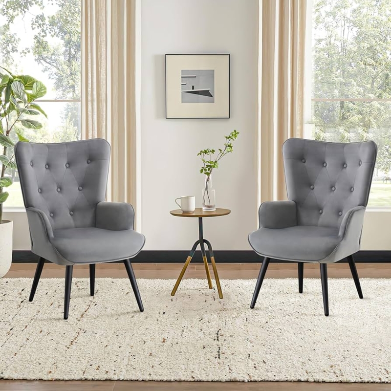 Amazon.com: Furniliving Velvet Accent Chair for Living Room, Upholstered  Reading Chair with High Backrest, Tufted-Button Wingback Armchair for  Bedroom, Dressing Room, Home Office, Light Grey, Set of 2 : Home & Kitchen