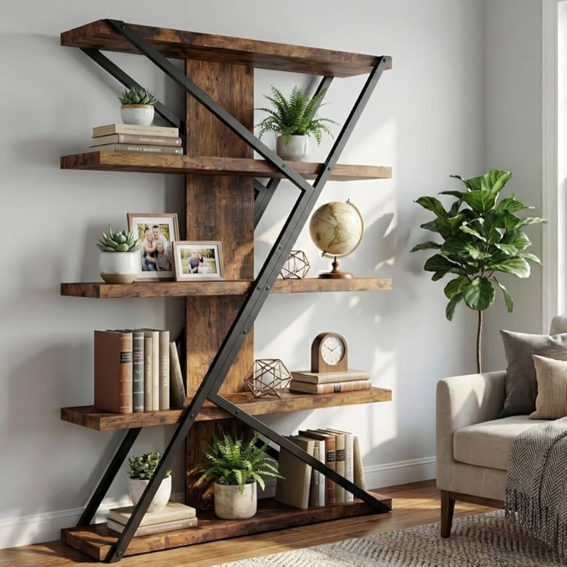 Amazon.com: FUSUNBAO Industrial Bookshelf, Vintage 5-Tier Tall Bookcase  with Wood and Metal Frame, Rustic Large Display Shelf for Home Office, 67"  H x 47" L x 12" W, Rustic Brown : Home