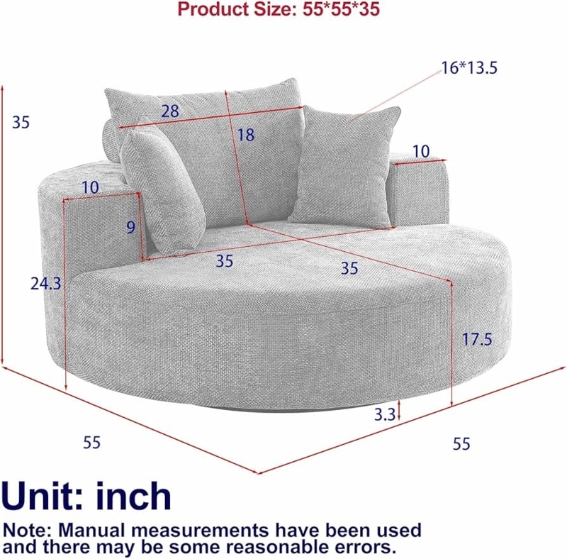 Amazon.com: GEEVIVO 55 inch 360 Swivel Accent Chair, Chaise Lounge Chair  Indoor Oversized Round Swivel Accent Chair Modern Chenille Single Sofa Chair  Deep Seat Chair for Living Room Bedroom Apartment, Grey :
