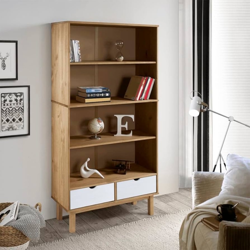 Amazon.com: HETFTJN OTTA 2-Drawer Bookcase Brown and White Solid Pine Wood  Scandinavian Design for Living Room Bedroom Office - 34.6" W x 13.8" D x  70.9" H Storage Shelves with 3 Shelves :