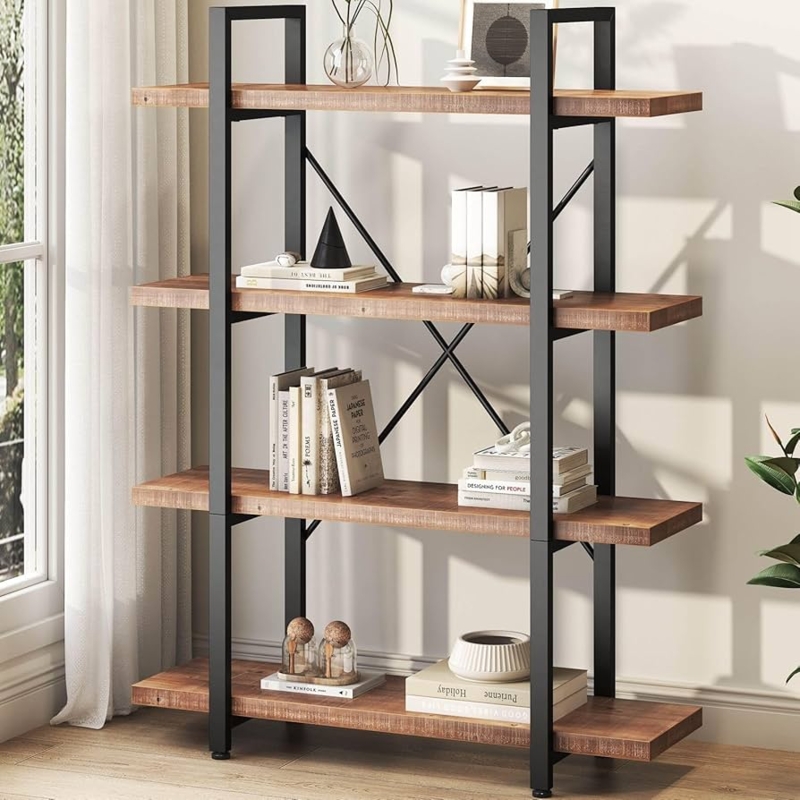Amazon.com: HSH Solid 4 Tier Natural Real Wood Bookshelf, 4 Shelf Rustic  Wooden and Metal Bookcase, Farmhouse Open Vintage Industrial Etagere Book  Shelf for Office Living Room Bedroom Storage, Distressed Brown :