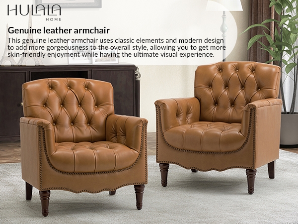 Amazon.com: HULALA HOME Mid Century Modern Leather Club Chairs Set of 2,  Top-Grain Genuine Leather Armchairs with Button-Tufted Back & Solid Wood  Legs, Accent Chairs for Living Room/Bedroom/Home Office, Brown : Home
