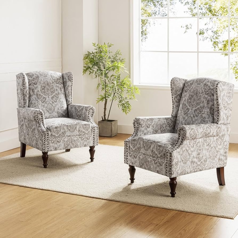 Amazon.com: HULALA HOME Wingback Accent Chairs Set of 2 with Floral Pattern  Design, Traditional Fabric Armchairs with Nailhead Trim and Retro Wooden  Legs, Beige : Home & Kitchen