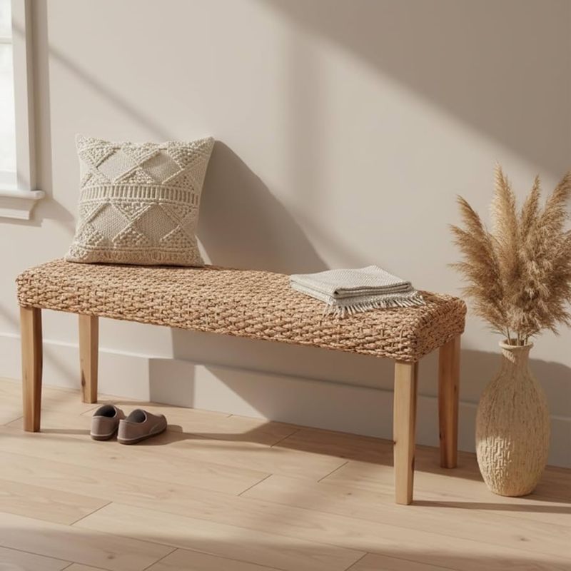 Amazon.com: Indoor Bench Wicker for Entryway Bench, Wood Bench for Living  Room Dining Bench or End of Bed Bench, 47" Boho Bench with Solid Wood  Acacia & Natural Woven Seat, Rustic Farmhouse