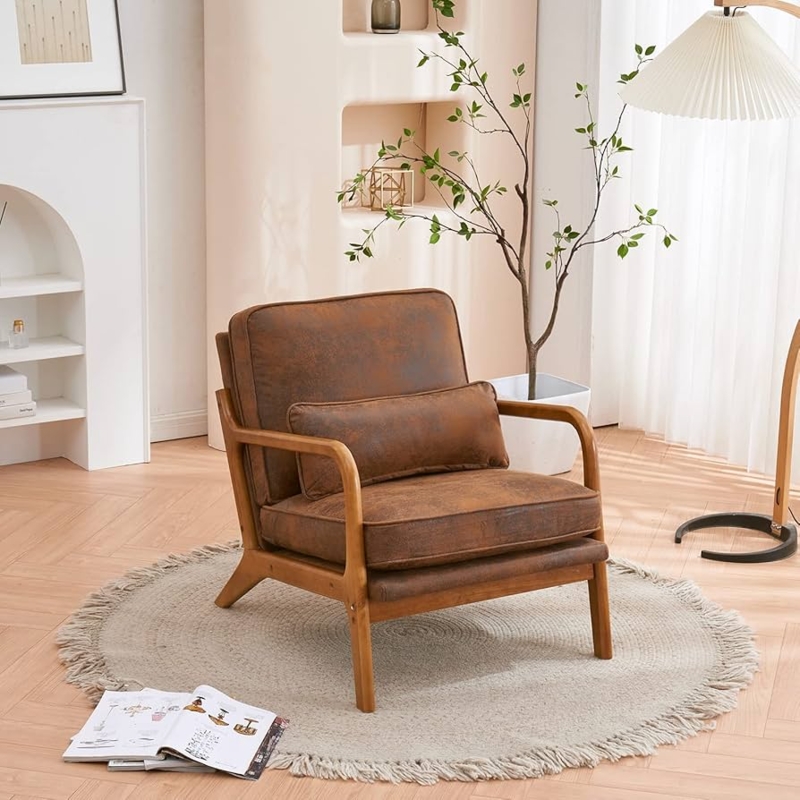 Amazon.com: Karl home Accent Chair Mid-Century Modern Chair with Pillow  Bronzing Cloth Upholstered Lounge Arm Chair with Solid Wood Frame & Soft  Cushion for Living Room, Bedroom, Balcony, Brown : Home &